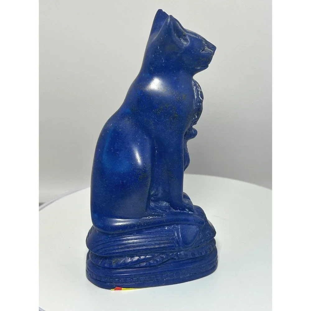 Vintage Egyptian Bastet Cat on Scarab Figurine Blue Lapis‎ Style Decor Large